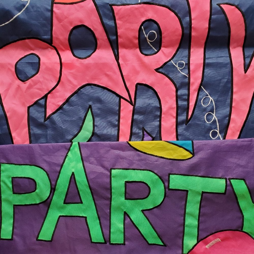 2 Party Flag Banners Purple Blue Pink 28" x 40"